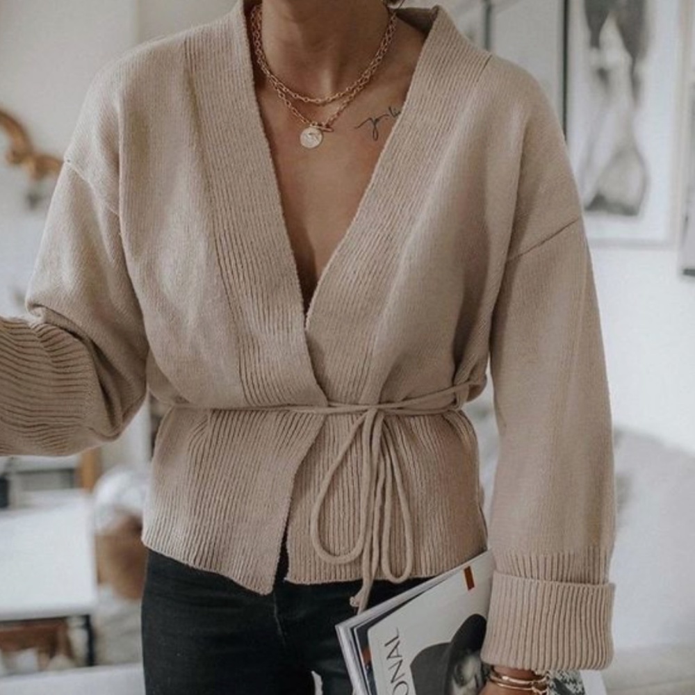 Oatmeal Beige Knit Kimono Sweater Tie Belt Boxy Loose Fit Drop Shoulder Wrap - Picture 12 of 12